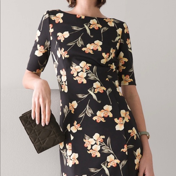 Elbow-Sleeve Scuba Knit Dress Anthurium Tossed Black - Picture 2 of 5